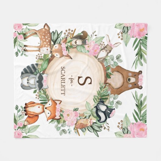 Rosa Floral Woodland Tiere, benutzerdefinierte Mon Fleecedecke (Vorderseite (Horizontal))
