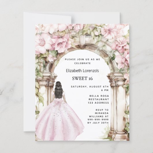 Rosa Floralbogen Bogen Kleid Sweet 16 Einladung (Vorderseite)