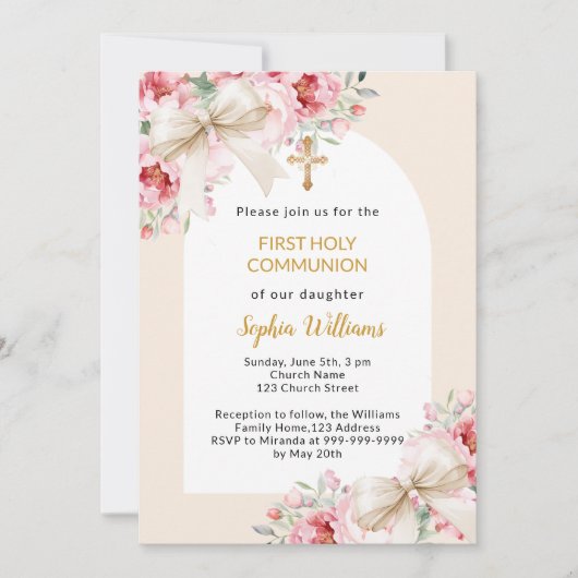 Rosa Floralbogen Bogen Mädchen Erste Kommune Einladung (Vorderseite)