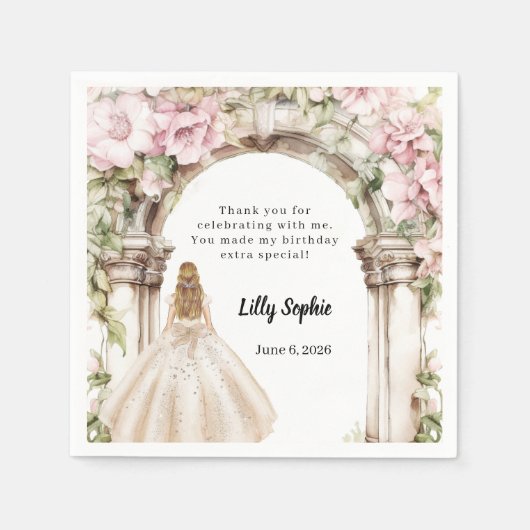 Rosa Floralbogen Gewand Geburtstag Serviette (Vorderseite)