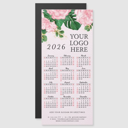 Rosa florale 2026 Kalender Magnet Add Business-Log (Vorne/Hinten)
