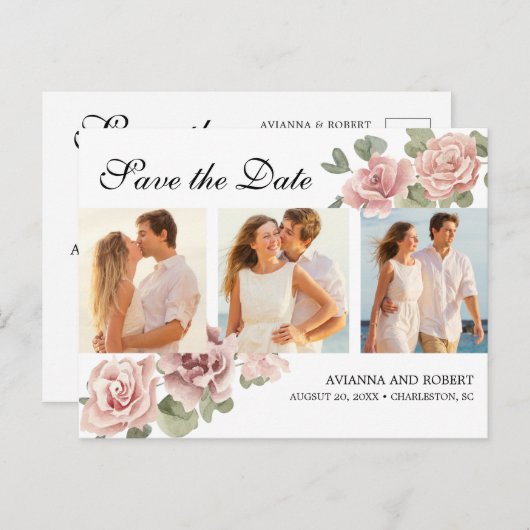 Rosa florale 3 Foto Hochzeit Speichern Sie das Dat Ankündigungspostkarte (Vorne/Hinten)