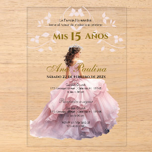 Rosa florale Acryl-Quinceañera spanische Einladung