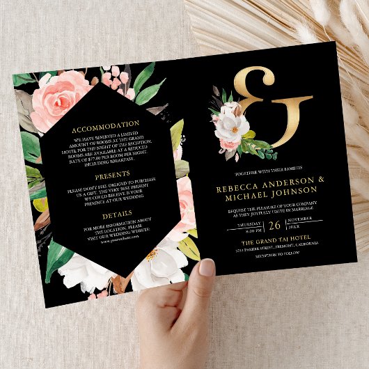 Rosa Florale Ampersand Schwarze QR-Code-Hochzeit Einladung
