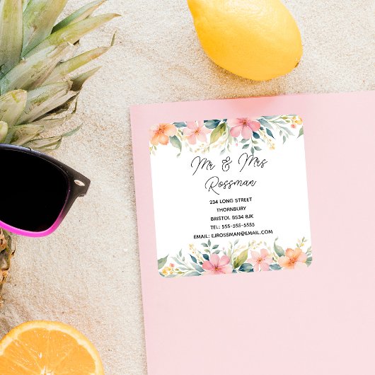 Rosa florale Änderung der Adressenaufkleber | eleg Quadratischer Aufkleber