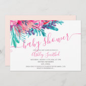 Rosa florale Aquarell-Typografie Babydusche Einladung (Vorne/Hinten)
