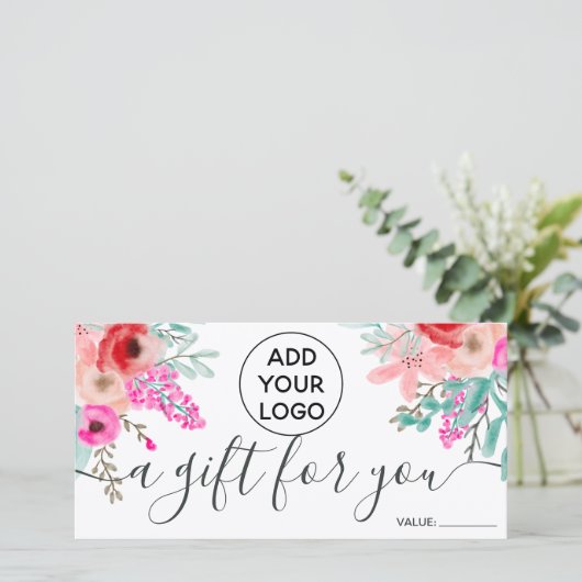 Rosa florale Aquarellfarben Logo Geschenkgutschein (Stehend Vorderseite)