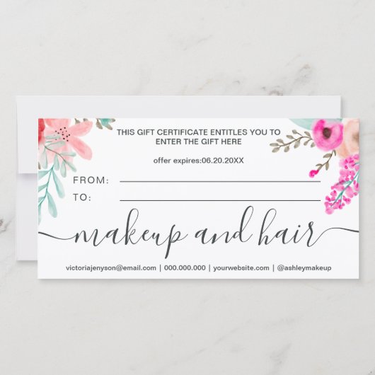 Rosa florale Aquarellfarben Logo Geschenkgutschein (Rückseite)