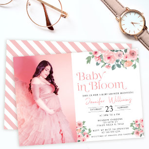 Rosa florale Baby-in-Blüte-Party-Foto-Einladung Einladung