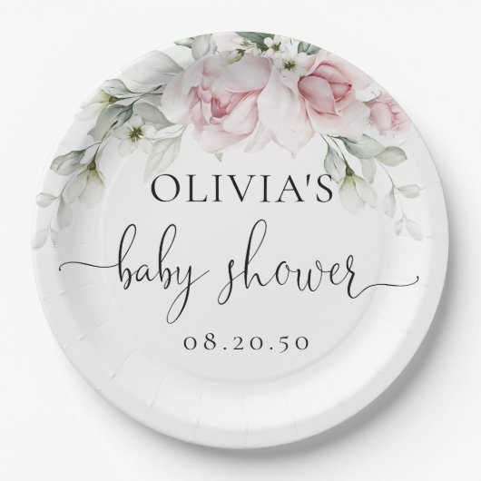 Rosa Florale Baby Shower Papierplatten Pappteller (Vorderseite)