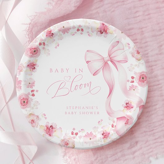 Rosa florale Baby Shower Teller mit Schleife