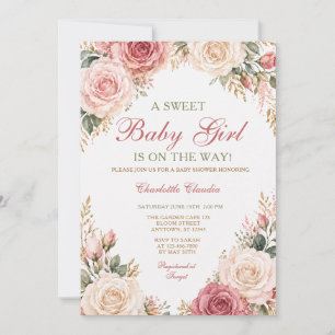 Rosa Florale Babyparty-Einladung für Mädchen in Ro Einladung