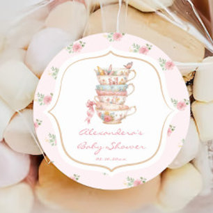 Rosa Florale Babyparty zum Tee trinken Runder Aufkleber