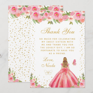 Rosa Florale Blondhaarige Prinzessin Sweet Sixteen Dankeskarte