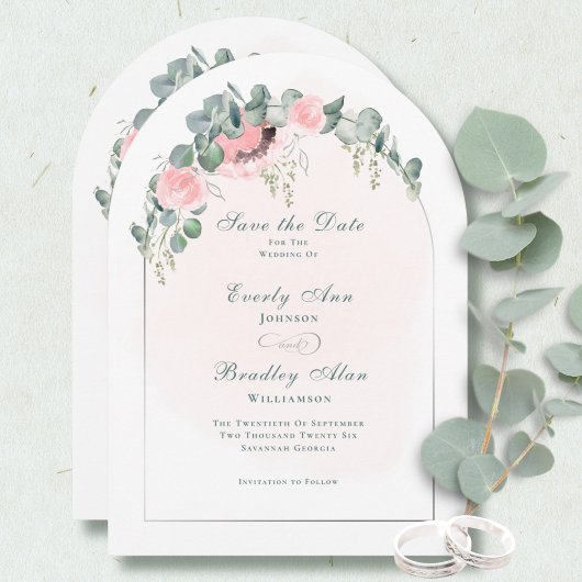 Rosa Florale Bogen Eukalyptus Save-the-Date Einladung