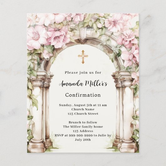 Rosa Florale Bogen Mädchen Bestätigung Einladung (Vorderseite)