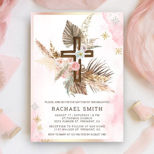 Rosa Florale Boho-Pampas-Holzkreuz-Taufe Einladung