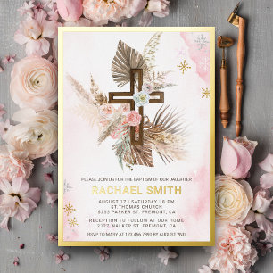 Rosa Florale Boho-Pampas-Holzkreuz-Taufe Folieneinladung