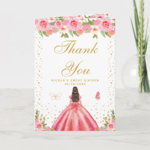 Rosa florale braunhaarige Haar Mädchen Sweet Sixte Dankeskarte