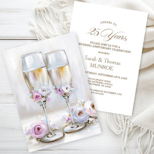 Rosa florale Champagnergläser 25. Hochzeitstag Einladung