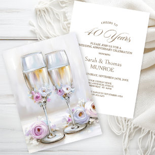 Rosa florale Champagnergläser 40. Hochzeitstag Einladung