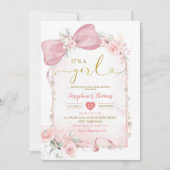 Rosa florale Coquette Bow The Girl Baby Dusche Einladung (Vorderseite)