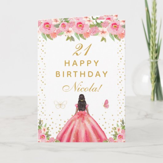 Rosa florale dunkle Haut Mädchen Geburtstag Karte (Vorderseite)