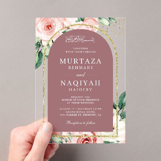 Rosa florale Dusty Rose Arch muslimische Hochzeit Acryleinladungen (Insitu (Handheld))