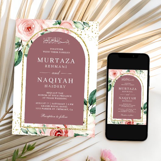 Rosa florale Dusty Rose Arch QR Kodex muslimische Einladung