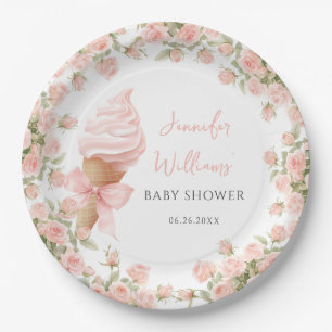 Rosa florale Eiscreme-Sommer-Babymädchen-Party Pappteller