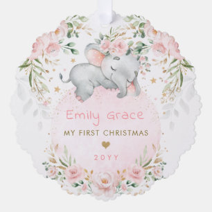 Rosa florale Elefant Baby erstes 1. Weihnachten Ornament Karte
