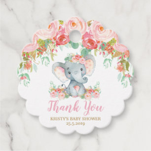 Rosa Florale Elefant Baby Shower Danke Geschenkanhänger