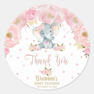 Rosa florale Elefant Baby Shower Danke Runder Aufkleber