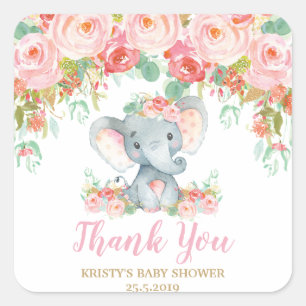 Rosa florale Elefant Baby Shower Mädchen Geschenke Quadratischer Aufkleber