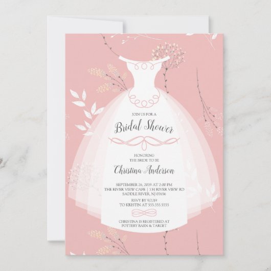 Rosa florale Elegance Braun Gown Brautparty Einladung (Vorderseite)