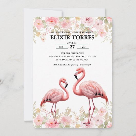 Rosa florale Elegant Flamingo Baby Dusche Einladung (Vorderseite)