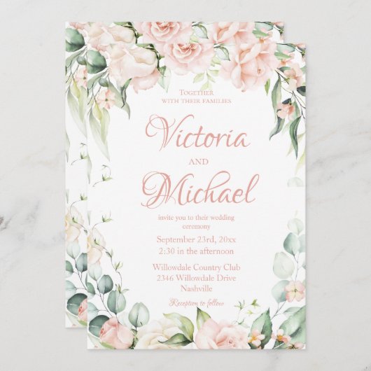 Rosa florale Elegante Hochzeit Einladung (Vorne/Hinten)