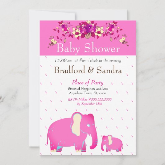 Rosa florale Elephant Chic Simple Baby Dusche Einladung (Vorderseite)