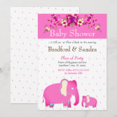 Rosa florale Elephant Chic Simple Baby Dusche Einladung (Vorne/Hinten)