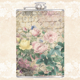 Rosa florale Ephemera mit Bienenstock und Schrift Flachmann
