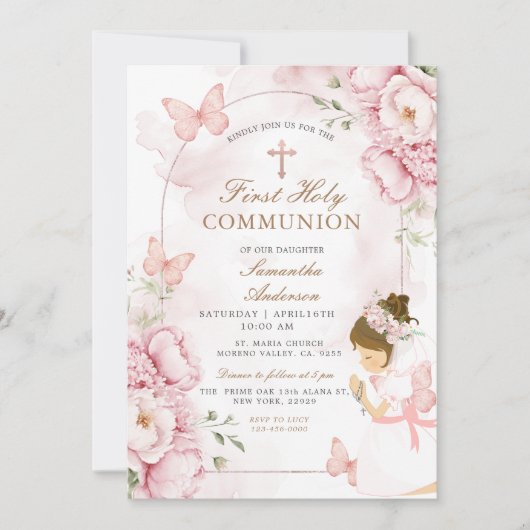 Rosa Florale Erstkommunion mit Mädchen Einladung (Vorderseite)
