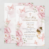 Rosa Florale Erstkommunion mit Mädchen Einladung (Vorne/Hinten)
