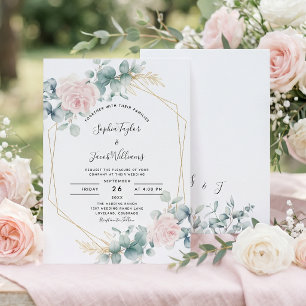 Rosa Florale Eukalyptus-Geometrische Hochzeit Einladung