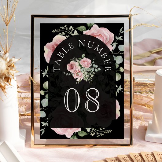 Rosa Florale Eukalyptus Schwarze Hochzeit Tischnummer