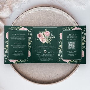 Rosa Florale Eukalyptus Smaragdgrüne Hochzeit Dreifach Gefaltete Einladung