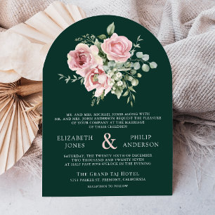 Rosa Florale Eukalyptus Smaragdgrüne Hochzeit Einladung