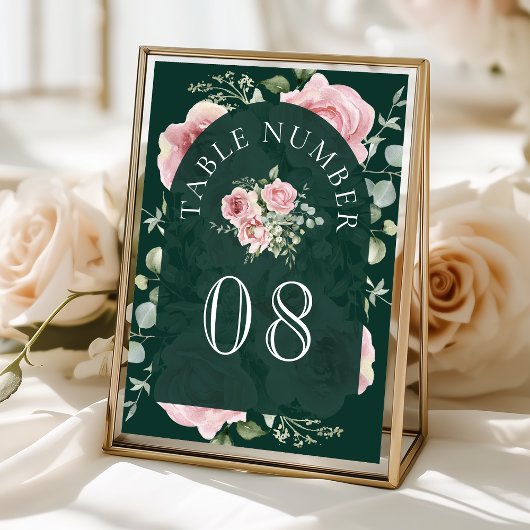 Rosa Florale Eukalyptus Smaragdgrüne Hochzeit Tischnummer