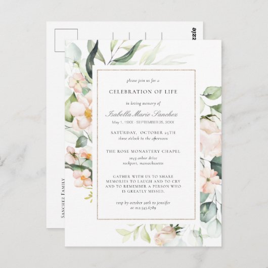 Rosa florale Feier zur Beerdigung des Lebens Postk Postkarte (Vorne/Hinten)