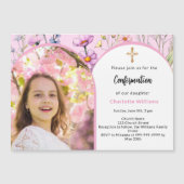 Rosa Florale Foto Bogen Girl Confirmation Magneteinladung (Vorderseite)