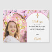 Rosa Florale Foto Erste Kommune Danke Karte (Vorderseite)